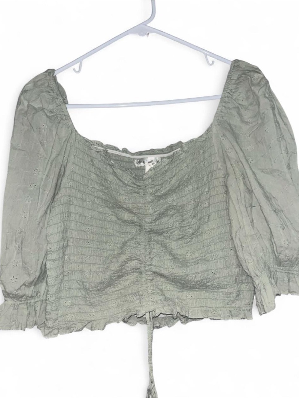 Smocked Sage Green Peasant Blouse with Puff Sleeves